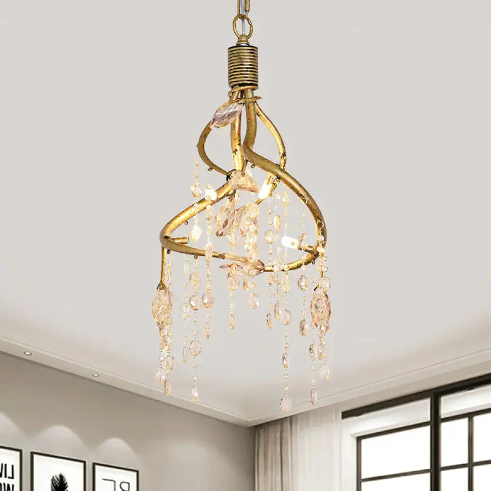 Amber Crystal Gold Drop Lamp Cascading 4 Bulbs Rural Chandelier Pendant Light For Dining Room