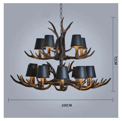 American Country Retro Style Antler 2 Tier Chandelier Lamp 15 Lights - Lampshade / Brushed Gold