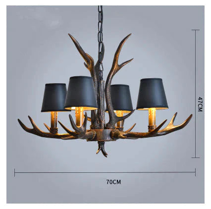 American Country Retro Style Antler 2 Tier Chandelier Lamp 4 Lights - Lampshade / Brushed Gold Black