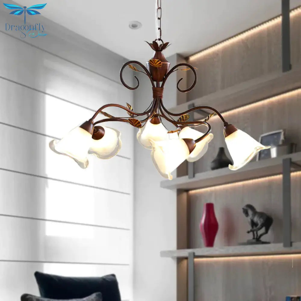 American Flower Chandelier Lamp 6 Lights Metal Led Hanging Light Fixture In Brown For Living Room