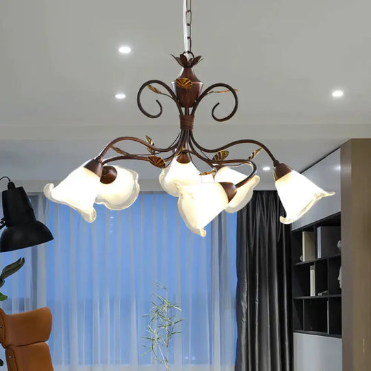 American Flower Chandelier Lamp 6 Lights Metal Led Hanging Light Fixture In Brown For Living Room