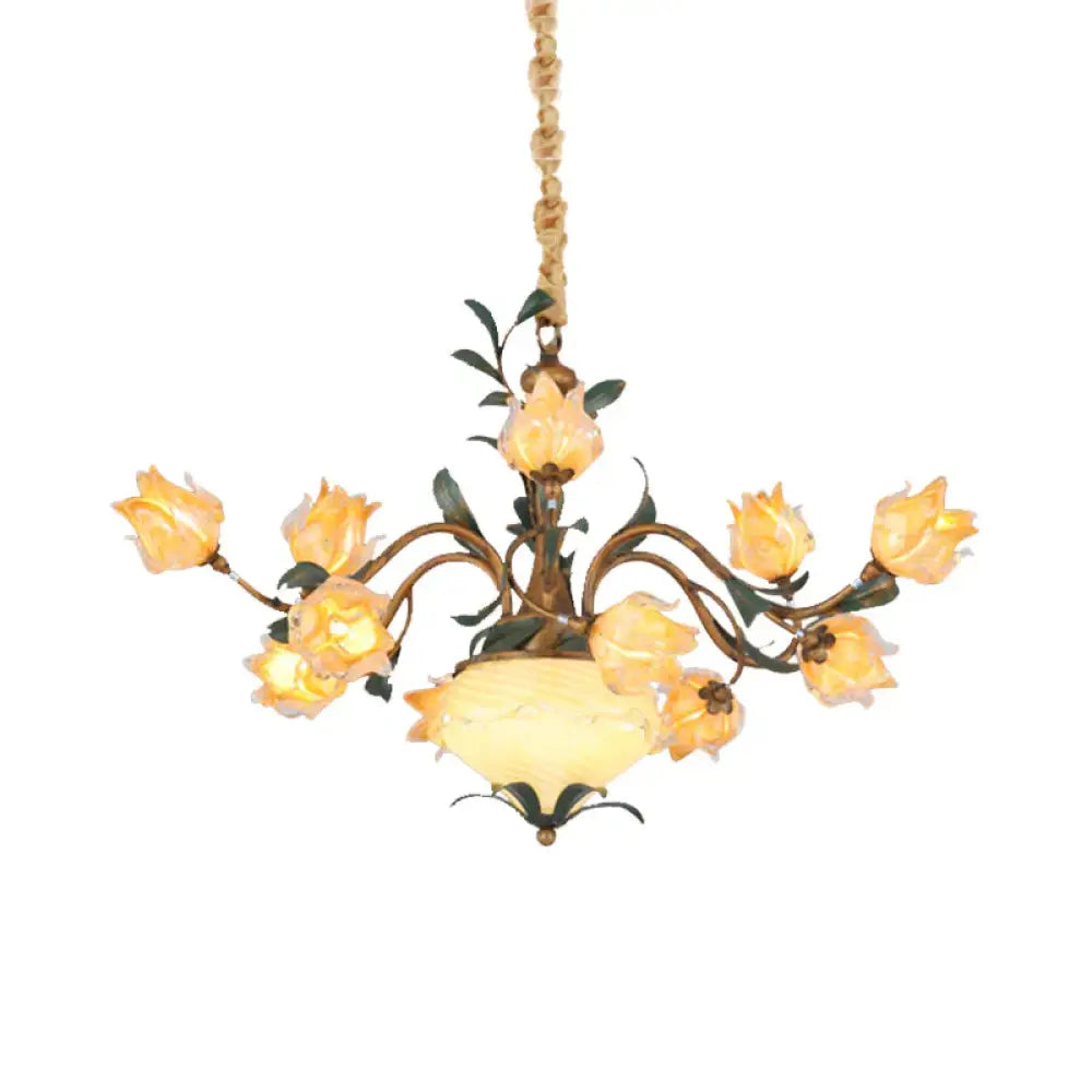 American Flower Chandelier Lighting Fixture 15 Heads Metal Led Pendant Ceiling Light In Brass