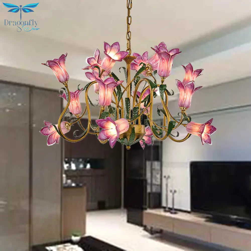 American Flower Metal Hanging Pendant 16 Heads White/Yellow/Purple Glass Led Ceiling Chandelier For