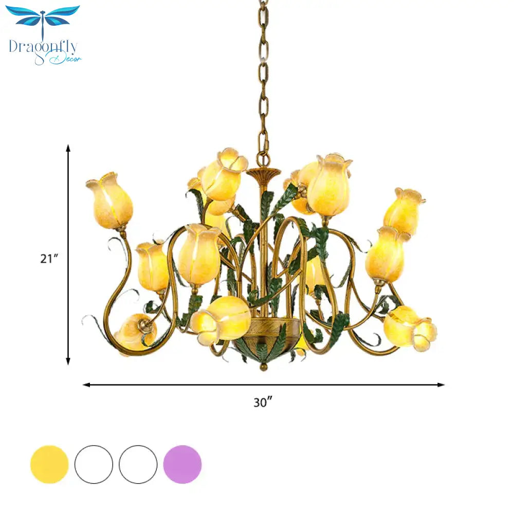 American Flower Metal Hanging Pendant 16 Heads White/Yellow/Purple Glass Led Ceiling Chandelier For
