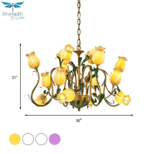 American Flower Metal Hanging Pendant 16 Heads White/Yellow/Purple Glass Led Ceiling Chandelier For