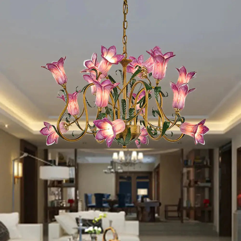 American Flower Metal Hanging Pendant 16 Heads White/Yellow/Purple Glass Led Ceiling Chandelier For