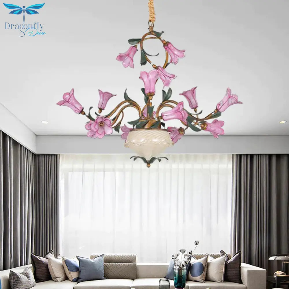 American Garden Lily 15 Heads Metal Led Pendant Ceiling Light In Brass For Living Room