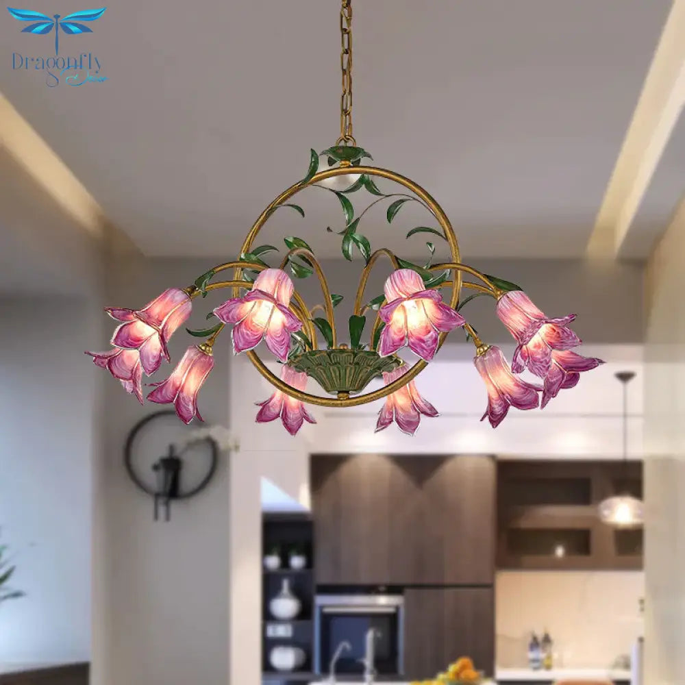 American Garden Lily Hanging Chandelier 6/8/10 Bulbs Metal Led Suspension Light In Brass For Dining