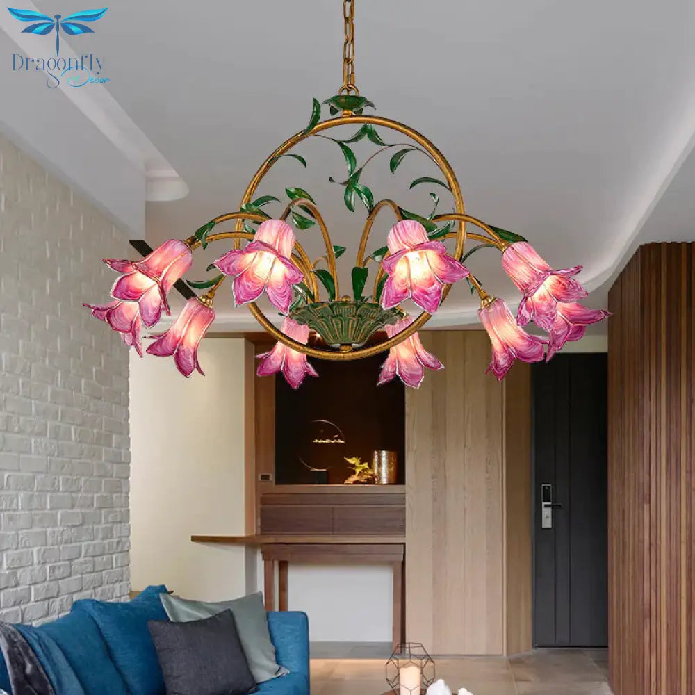 American Garden Lily Hanging Chandelier 6/8/10 Bulbs Metal Led Suspension Light In Brass For Dining