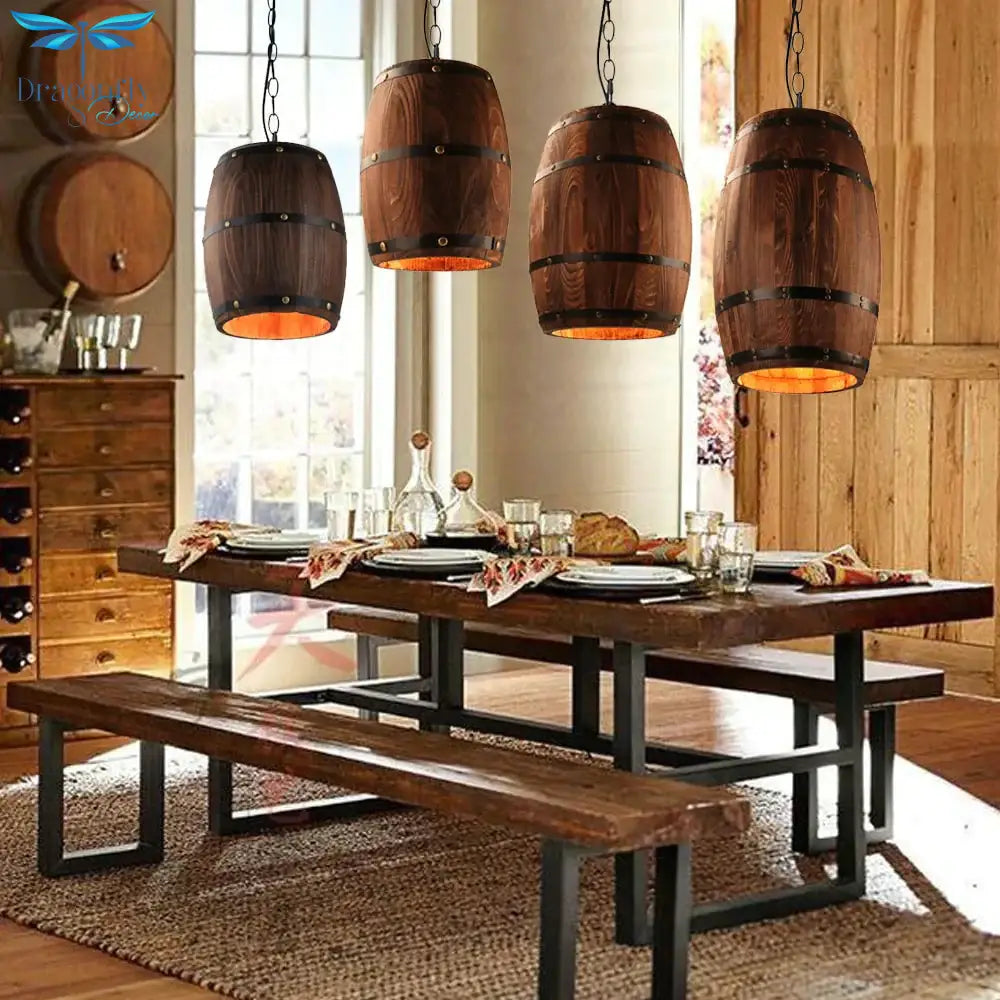 American Modern Nature Loft Wood Wine Barrel E27 Hanging Vintage Pendant Lights For Dining Room