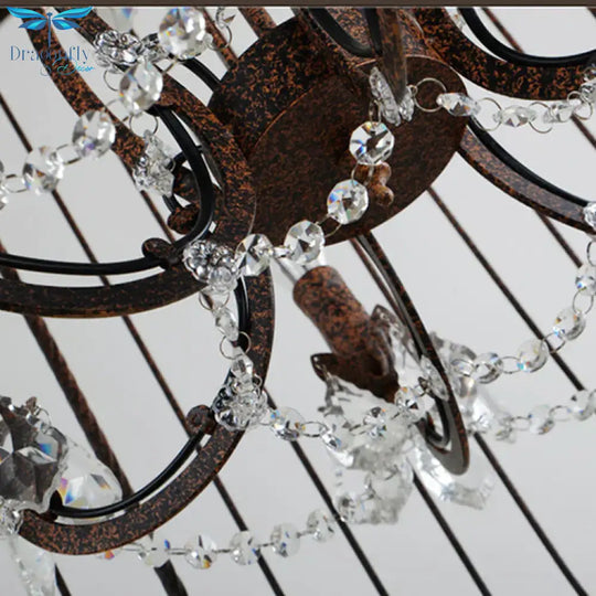 American Retro Crystal Chandelier Birdcage Wrought Iron Pendant