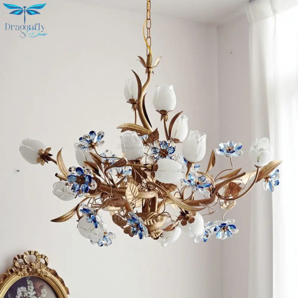 American Vintage Chandelier Lighting E14 Bulb Luxury Crystal Blue Farmhouse Ceiling Pendant Lamp