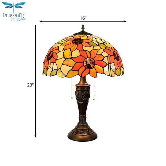 Annabelle - Red/Orange Glass Tiffany Night Lamp With Carved Base