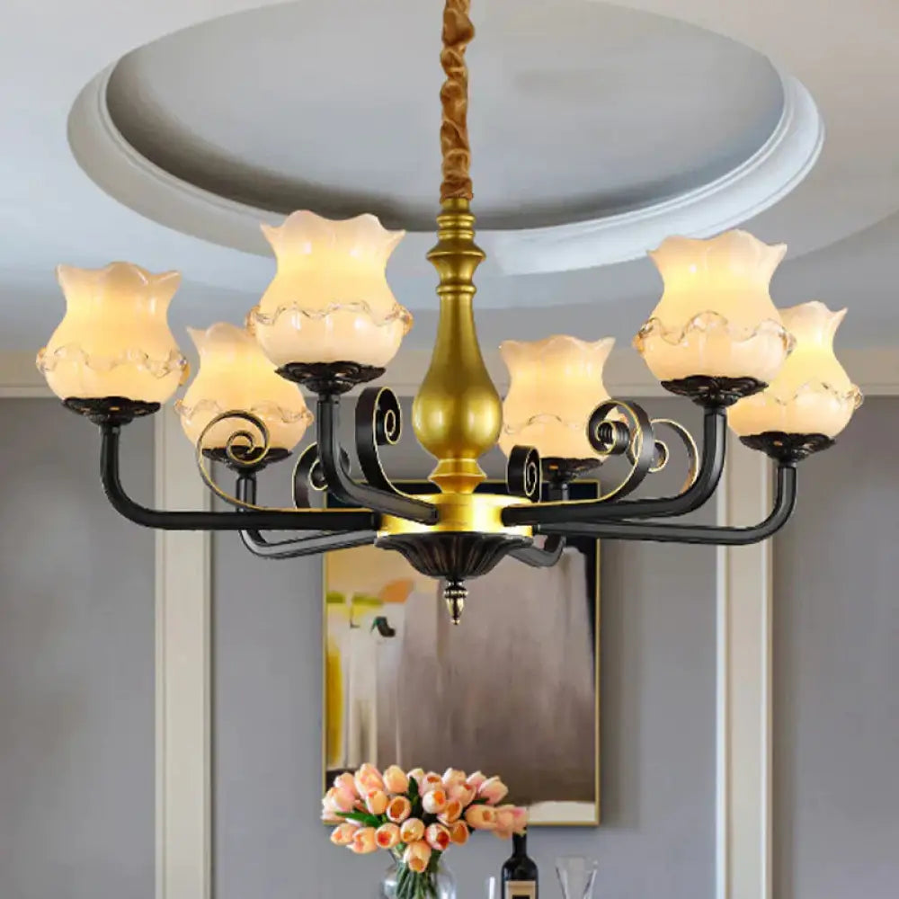 Antique Blossom Chandelier Lighting 6 - Head Frosted Glass Ceiling Pendant Light In Black
