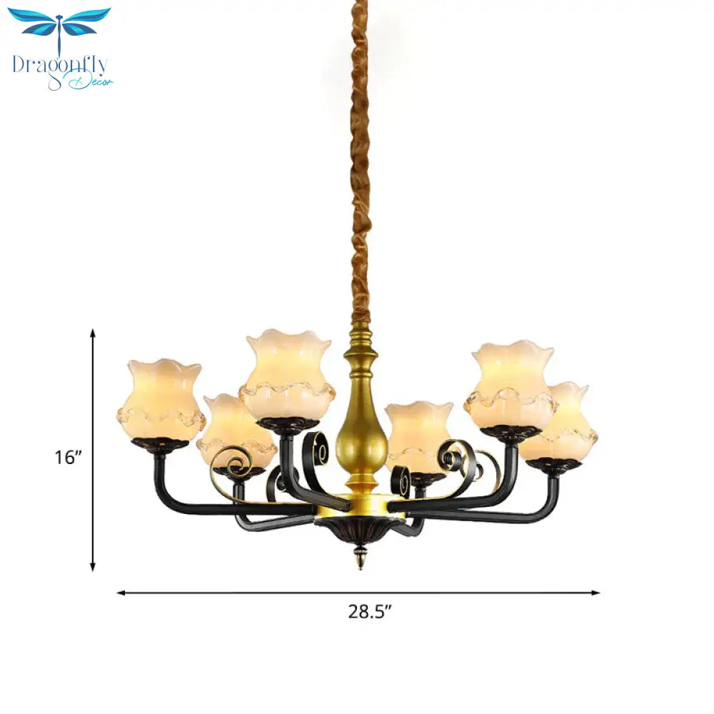 Antique Blossom Chandelier Lighting 6 - Head Frosted Glass Ceiling Pendant Light In Black
