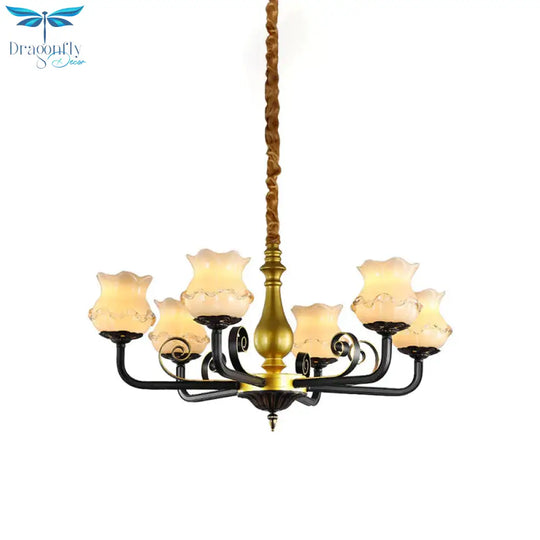 Antique Blossom Chandelier Lighting 6 - Head Frosted Glass Ceiling Pendant Light In Black