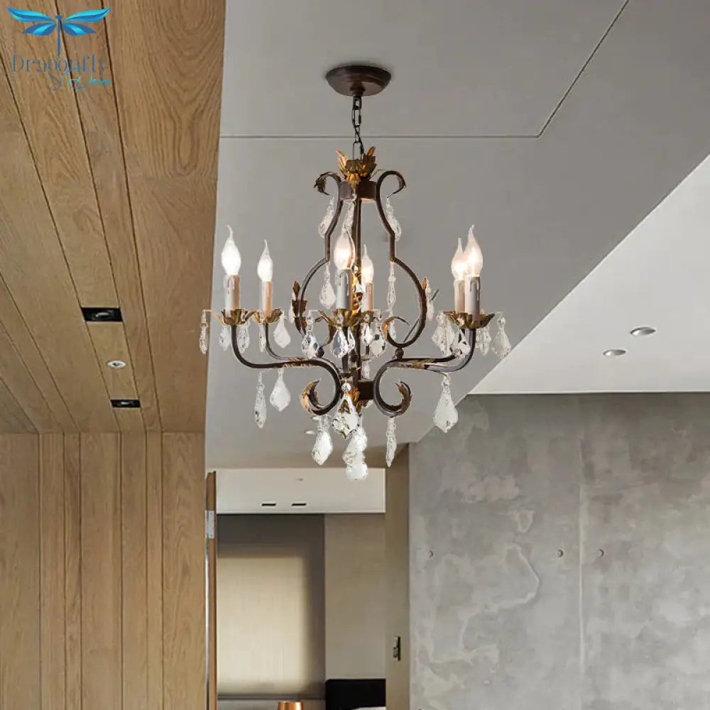 Antique Bronze Teardrop Chandelier Lighting Traditionary 6 Heads Crystal Pendant Light