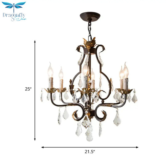 Antique Bronze Teardrop Chandelier Lighting Traditionary 6 Heads Crystal Pendant Light