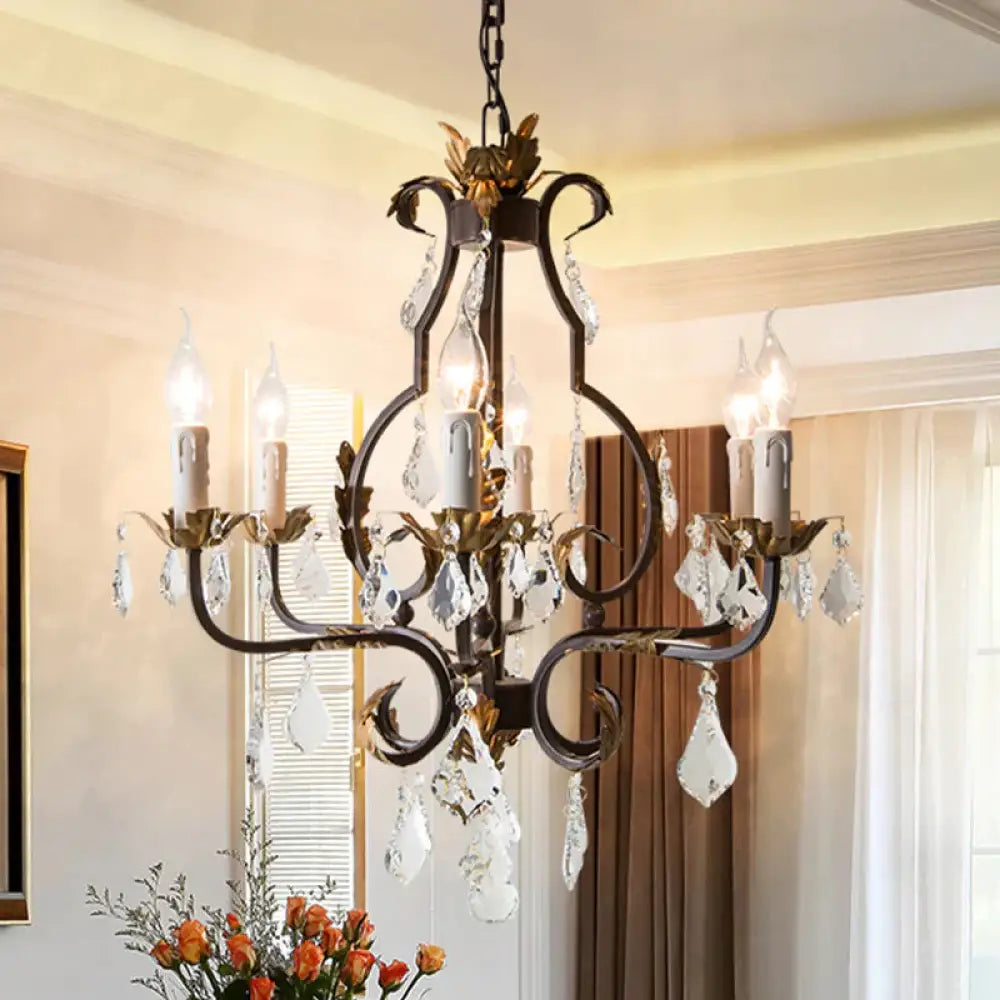 Antique Bronze Teardrop Chandelier Lighting Traditionary 6 Heads Crystal Pendant Light