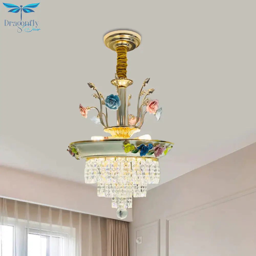 Antique Chandelier Crystal Drop Lamp With Handmade Rose Trim In Blue/Beige