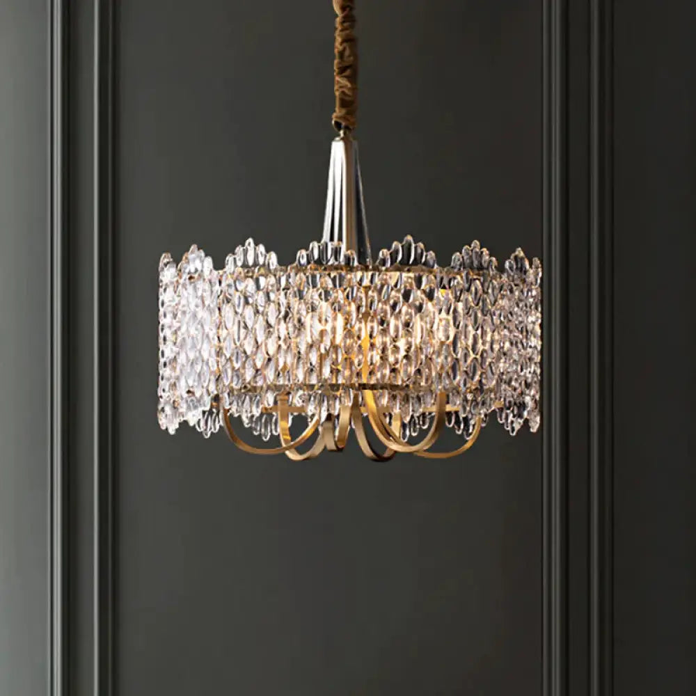 Antique Drum Suspension Lighting 6 - Bulb Clear K9 Crystal Chandelier Pendant Light In Gold