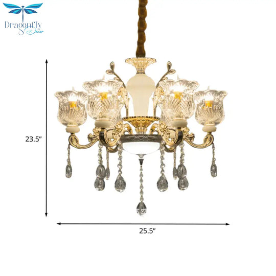 Antique Floral Pendant Chandelier 6 Lights Clear Glass Ceiling Hang Fixture In Gold With Dangling