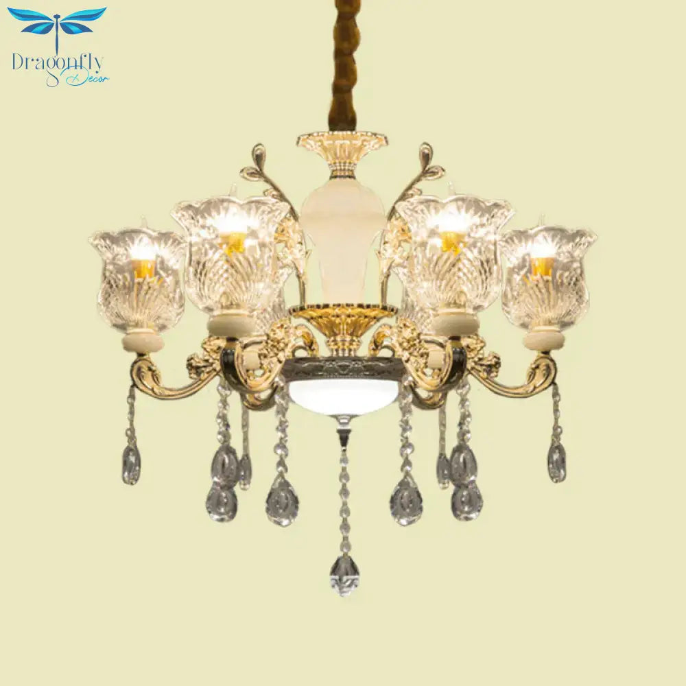 Antique Floral Pendant Chandelier 6 Lights Clear Glass Ceiling Hang Fixture In Gold With Dangling