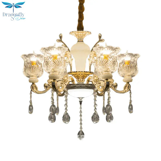 Antique Floral Pendant Chandelier 6 Lights Clear Glass Ceiling Hang Fixture In Gold With Dangling