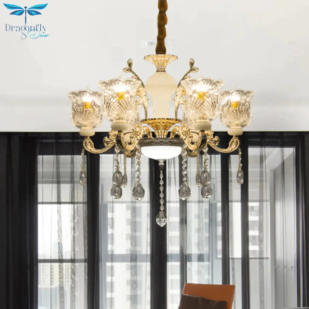 Antique Floral Pendant Chandelier 6 Lights Clear Glass Ceiling Hang Fixture In Gold With Dangling