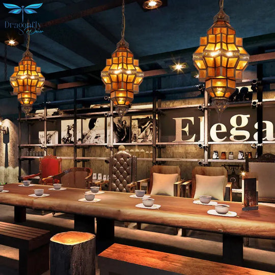 Antique Geometric Pendant Lamp 12 Bulbs Amber Textured Glass Ceiling Chandelier In Brass