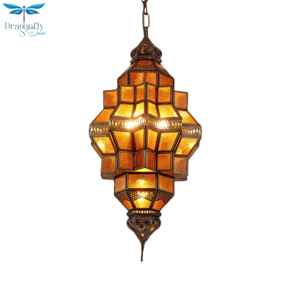 Antique Geometric Pendant Lamp 12 Bulbs Amber Textured Glass Ceiling Chandelier In Brass