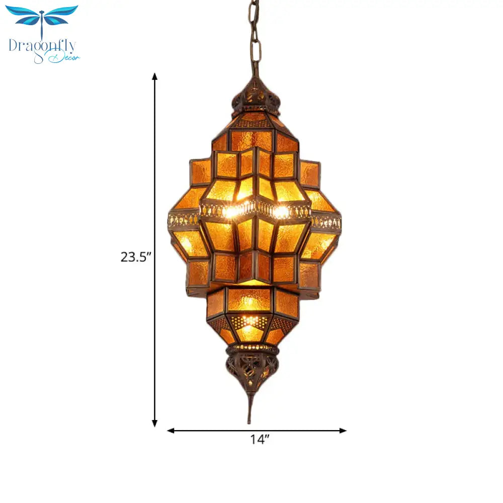 Antique Geometric Pendant Lamp 12 Bulbs Amber Textured Glass Ceiling Chandelier In Brass