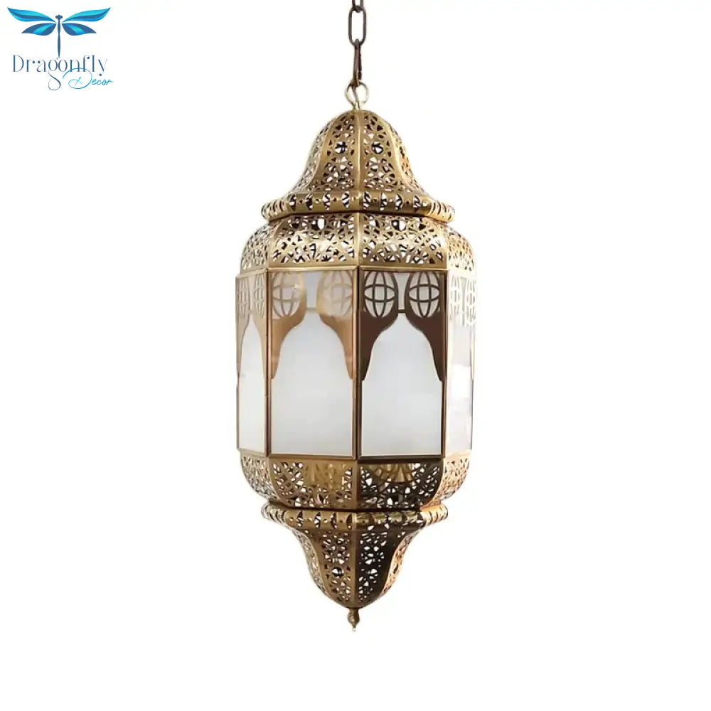 Antique Lantern Hanging Lamp 4 Bulbs Frosted Glass Ceiling Chandelier In Brass For Restaurant
