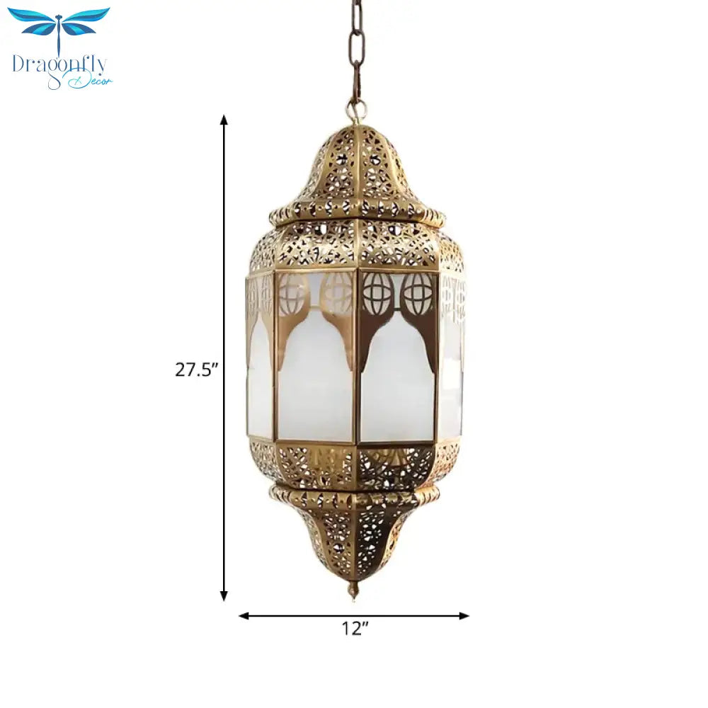 Antique Lantern Hanging Lamp 4 Bulbs Frosted Glass Ceiling Chandelier In Brass For Restaurant