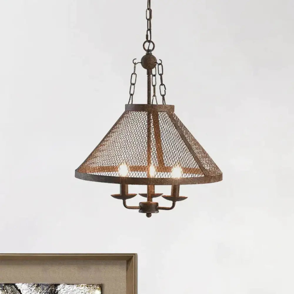 Antique Mesh Flared Pendant Light With Candle 3 Lights Metal Chandelier Lamp In Dark Rust For