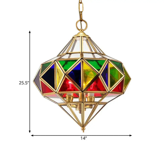 Antique Prism Pendant Chandelier 3 - Head Colorful Glass Hanging Ceiling Light In Brass