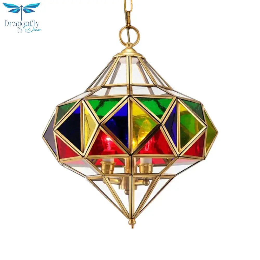 Antique Prism Pendant Chandelier 3 - Head Colorful Glass Hanging Ceiling Light In Brass