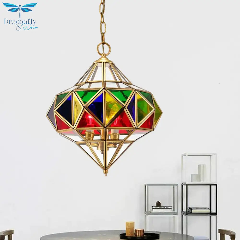 Antique Prism Pendant Chandelier 3 - Head Colorful Glass Hanging Ceiling Light In Brass