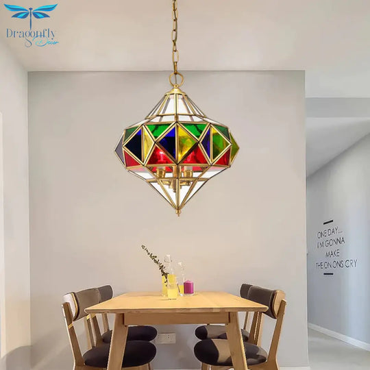 Antique Prism Pendant Chandelier 3 - Head Colorful Glass Hanging Ceiling Light In Brass