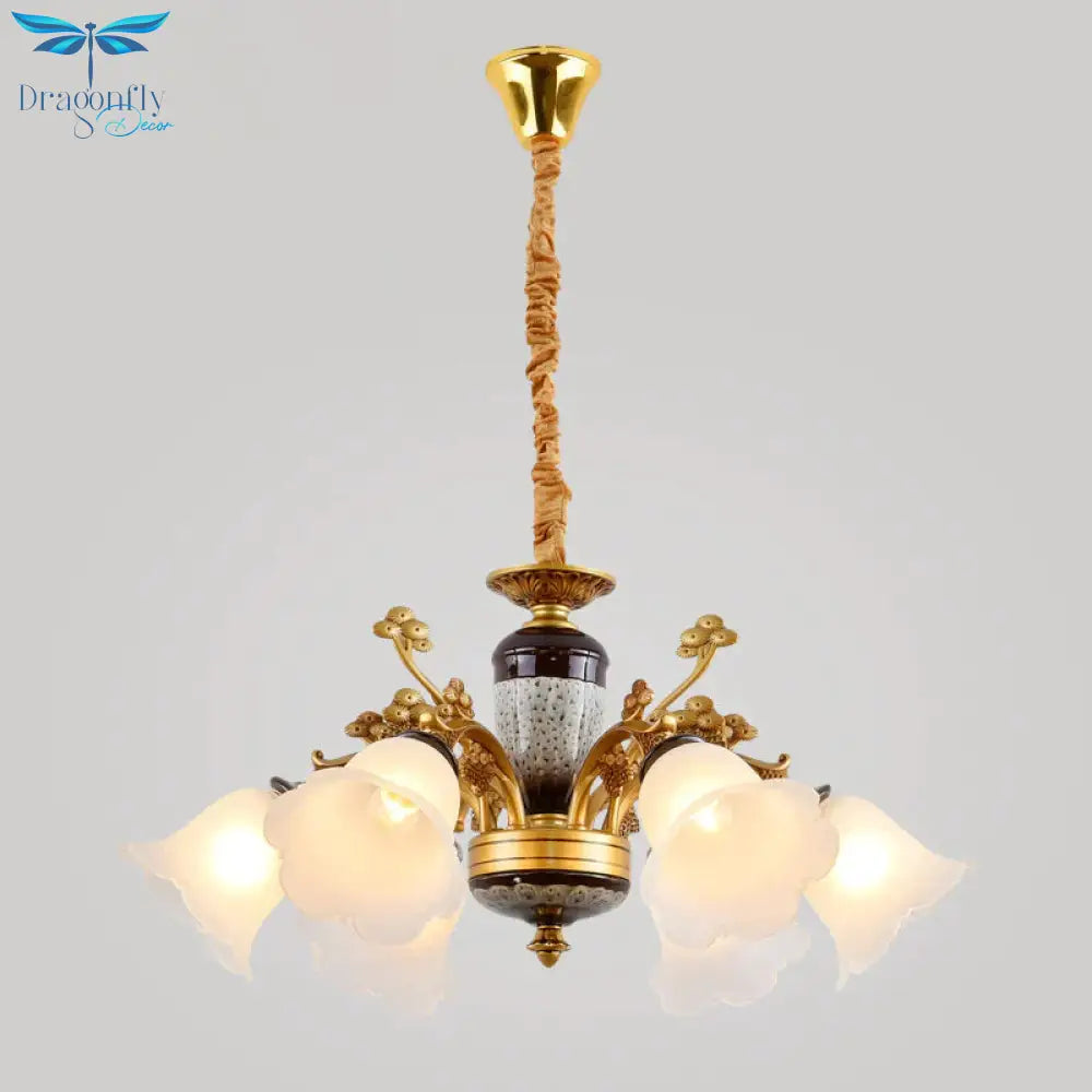 Antique Swooping Arm Chandelier Light 6/8/10 Bulbs Metal Ceiling Lamp In Black - Gold With Blossom