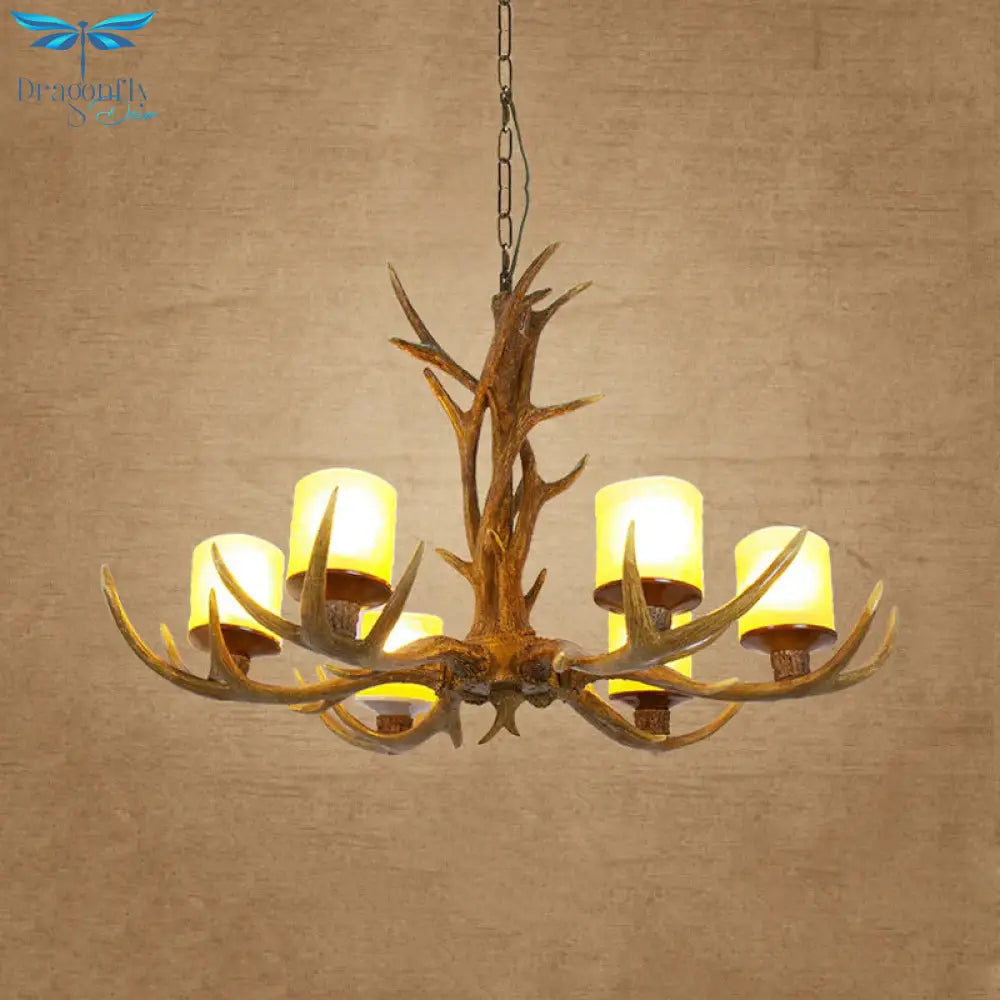 Antler Bedroom Chandelier Lighting Cottage Resin 4/6 Bulbs Brown Hanging Pendant Lamp