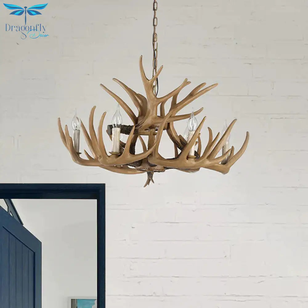 Antler Living Room Hanging Lamp Traditional Resin 4/6 Bulbs Brown Adjustable Chandelier Pendant