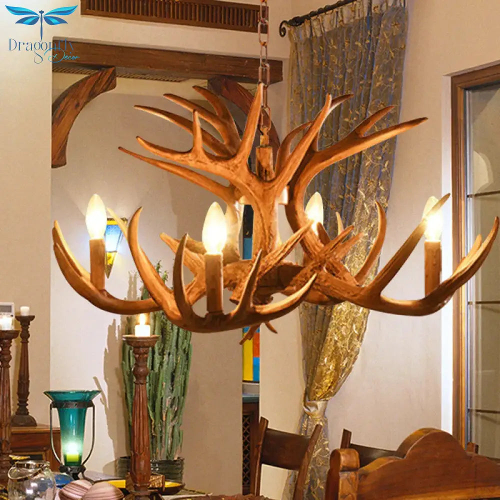 Antler Living Room Hanging Lamp Traditional Resin 4/6 Bulbs Brown Adjustable Chandelier Pendant