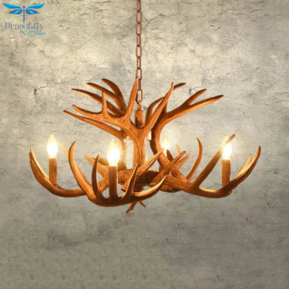 Antler Living Room Hanging Lamp Traditional Resin 4/6 Bulbs Brown Adjustable Chandelier Pendant