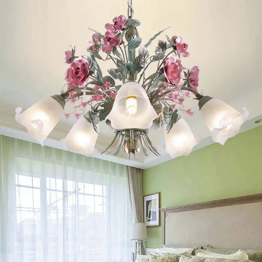 Aqua Floral Chandelier Lamp Pastoral Metal 3/5/8 Heads Living Room Led Ceiling Pendant Light 5 /