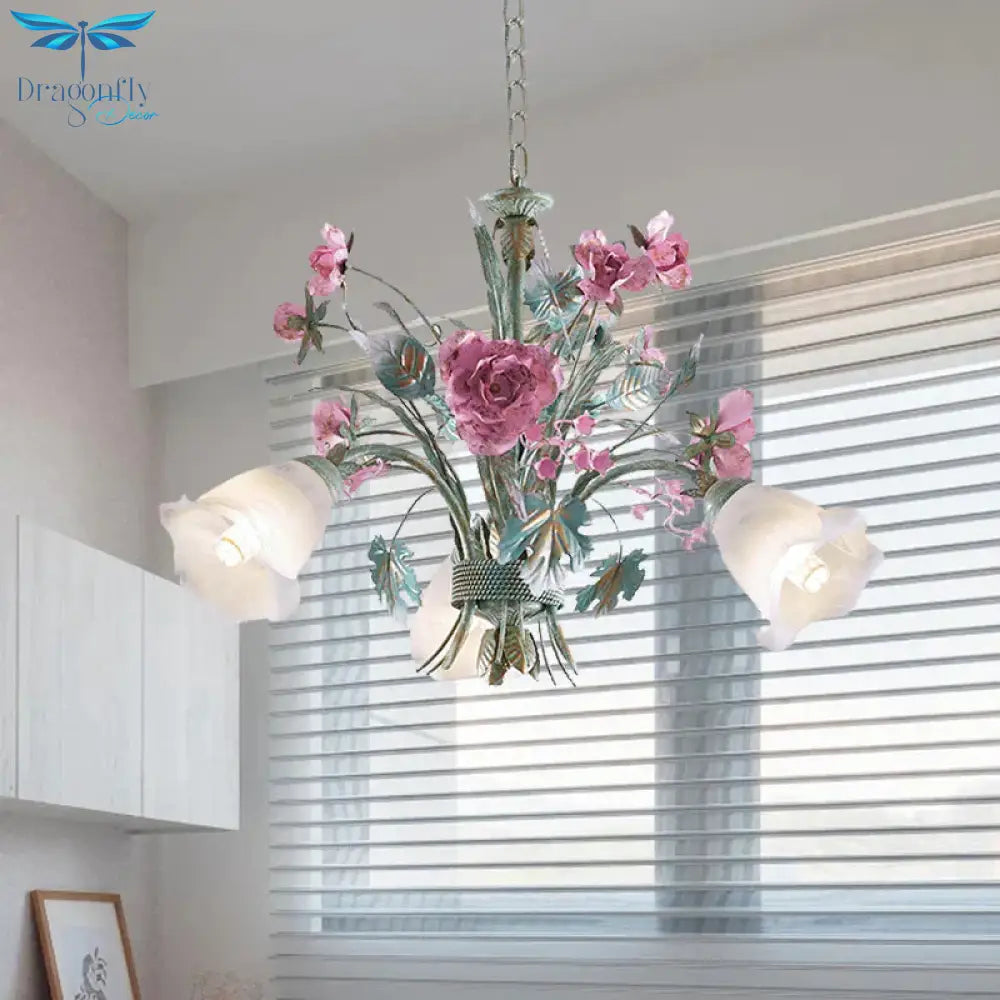 Aqua Floral Chandelier Lamp Pastoral Metal 3/5/8 Heads Living Room Led Ceiling Pendant Light