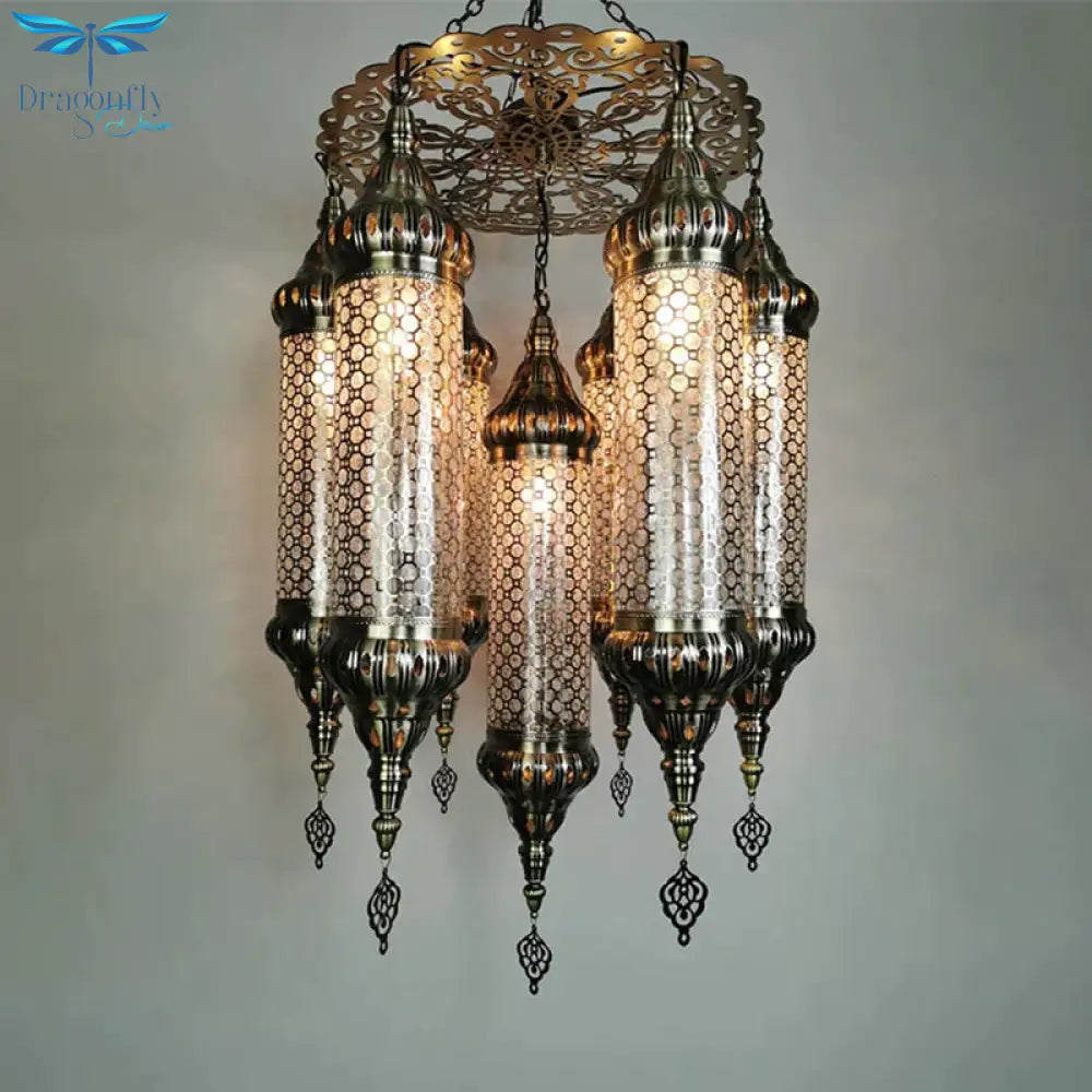 Arab Cylinder Hanging Lamp 7 Heads Clear Crackle Glass Chandelier Lighting Fixture In Bronze