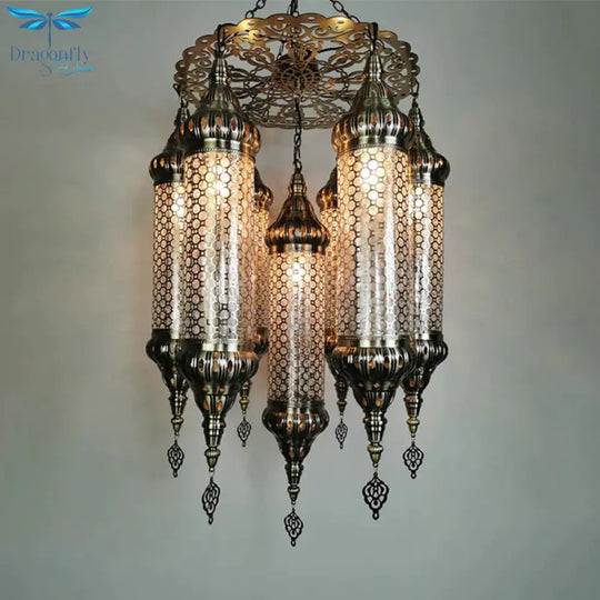 Arab Cylinder Hanging Lamp 7 Heads Clear Crackle Glass Chandelier Lighting Fixture In Bronze