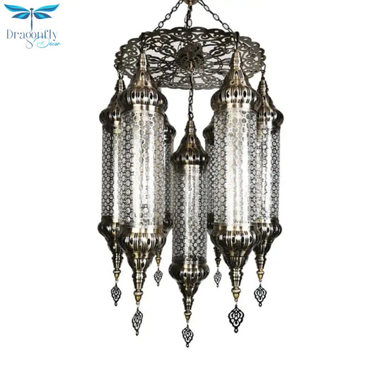 Arab Cylinder Hanging Lamp 7 Heads Clear Crackle Glass Chandelier Lighting Fixture In Bronze