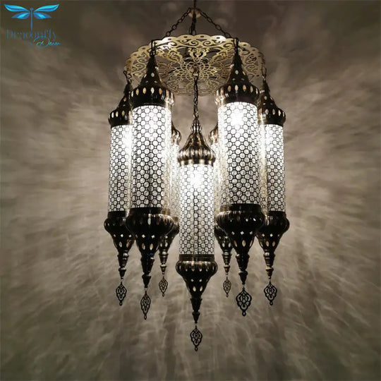 Arab Cylinder Hanging Lamp 7 Heads Clear Crackle Glass Chandelier Lighting Fixture In Bronze
